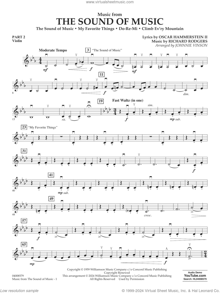 Music from The Sound Of Music (arr. Vinson) sheet music for concert band (pt.2 - violin) by Richard Rodgers, Johnnie Vinson, Oscar II Hammerstein and Rodgers & Hammerstein, intermediate skill level