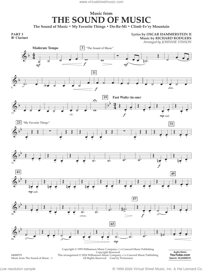 Music from The Sound Of Music (arr. Vinson) sheet music for concert band (pt.3 - Bb clarinet) by Richard Rodgers, Johnnie Vinson, Oscar II Hammerstein and Rodgers & Hammerstein, intermediate skill level