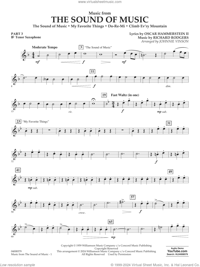 Music from The Sound Of Music (arr. Vinson) sheet music for concert band (pt.3 - Bb tenor saxophone) by Richard Rodgers, Johnnie Vinson, Oscar II Hammerstein and Rodgers & Hammerstein, intermediate skill level