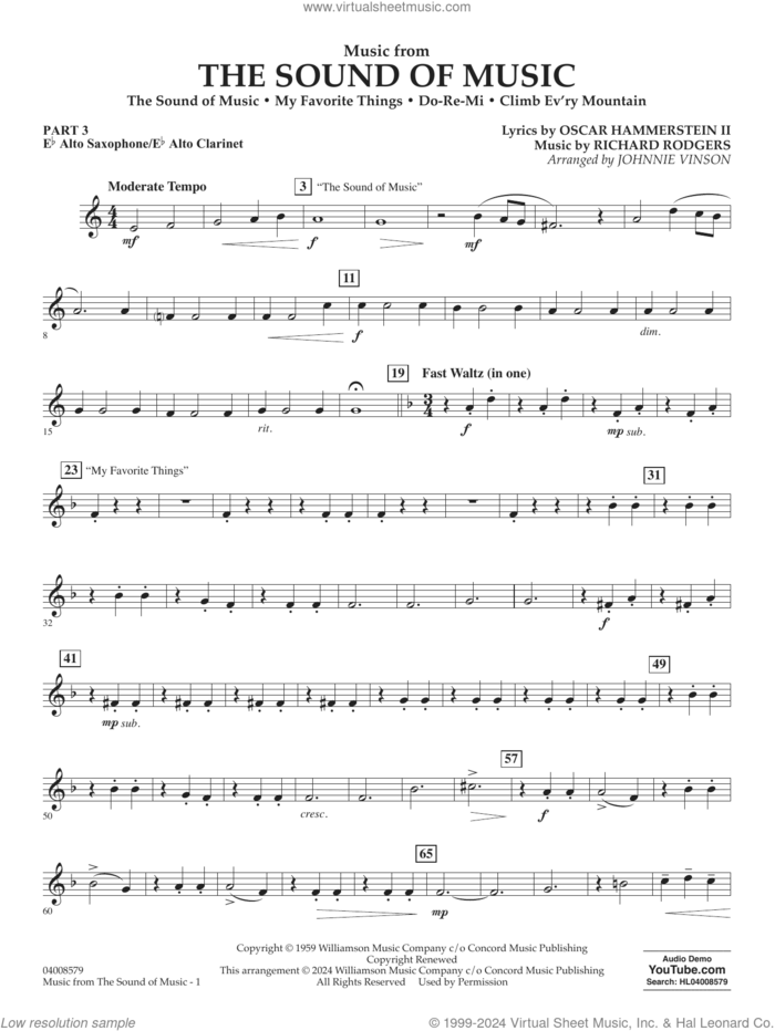 Music from The Sound Of Music (arr. Vinson) sheet music for concert band (Eb alto sax/alto clar.) by Richard Rodgers, Johnnie Vinson, Oscar II Hammerstein and Rodgers & Hammerstein, intermediate skill level
