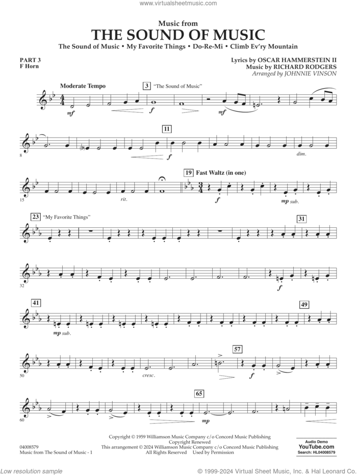 Music from The Sound Of Music (arr. Vinson) sheet music for concert band (pt.3 - f horn) by Richard Rodgers, Johnnie Vinson, Oscar II Hammerstein and Rodgers & Hammerstein, intermediate skill level