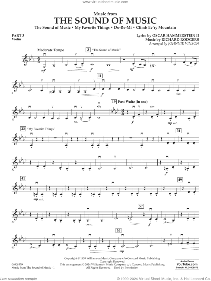 Music from The Sound Of Music (arr. Vinson) sheet music for concert band (pt.3 - violin) by Richard Rodgers, Johnnie Vinson, Oscar II Hammerstein and Rodgers & Hammerstein, intermediate skill level