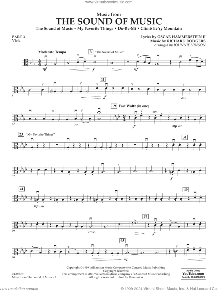 Music from The Sound Of Music (arr. Vinson) sheet music for concert band (pt.3 - viola) by Richard Rodgers, Johnnie Vinson, Oscar II Hammerstein and Rodgers & Hammerstein, intermediate skill level