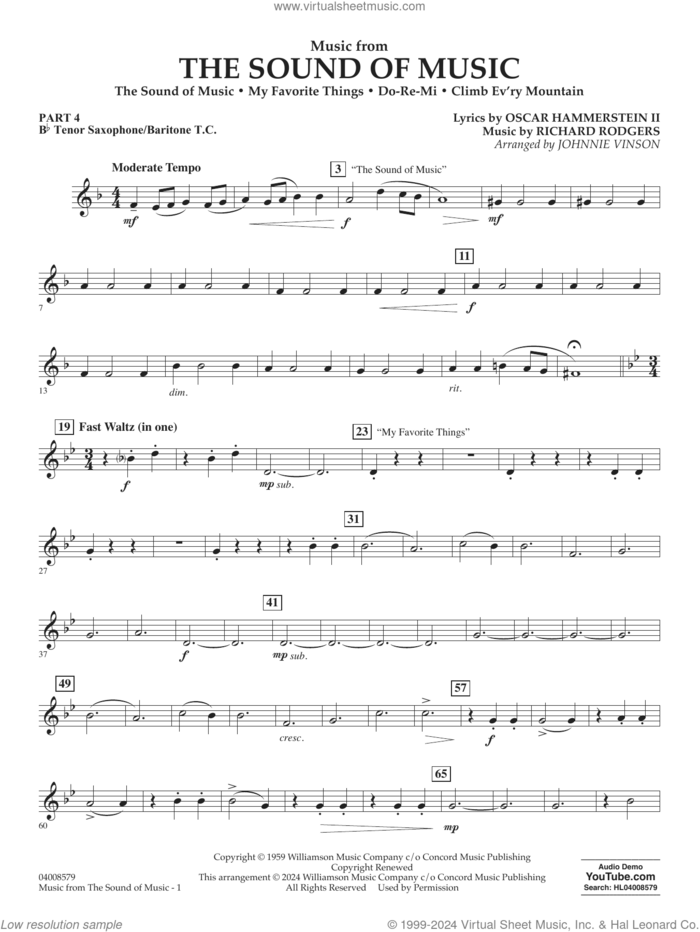Music from The Sound Of Music (arr. Vinson) sheet music for concert band (Bb tenor sax/bar. t.c.) by Richard Rodgers, Johnnie Vinson, Oscar II Hammerstein and Rodgers & Hammerstein, intermediate skill level