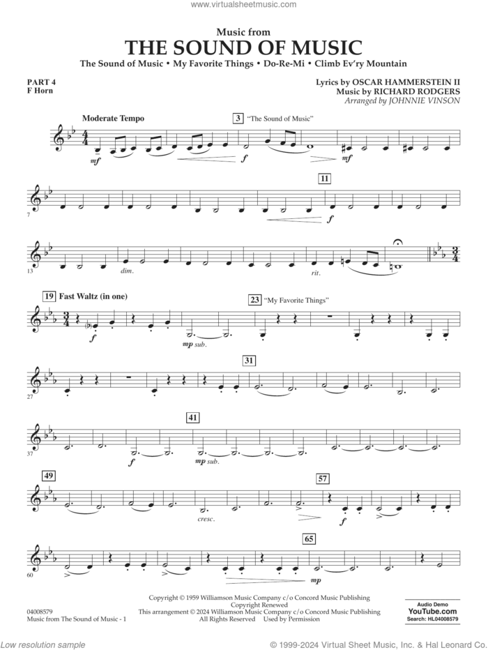 Music from The Sound Of Music (arr. Vinson) sheet music for concert band (pt.4 - f horn) by Richard Rodgers, Johnnie Vinson, Oscar II Hammerstein and Rodgers & Hammerstein, intermediate skill level