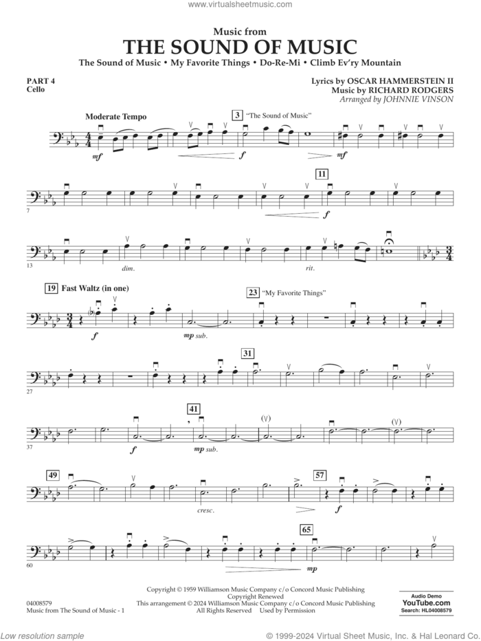 Music from The Sound Of Music (arr. Vinson) sheet music for concert band (pt.4 - cello) by Richard Rodgers, Johnnie Vinson, Oscar II Hammerstein and Rodgers & Hammerstein, intermediate skill level