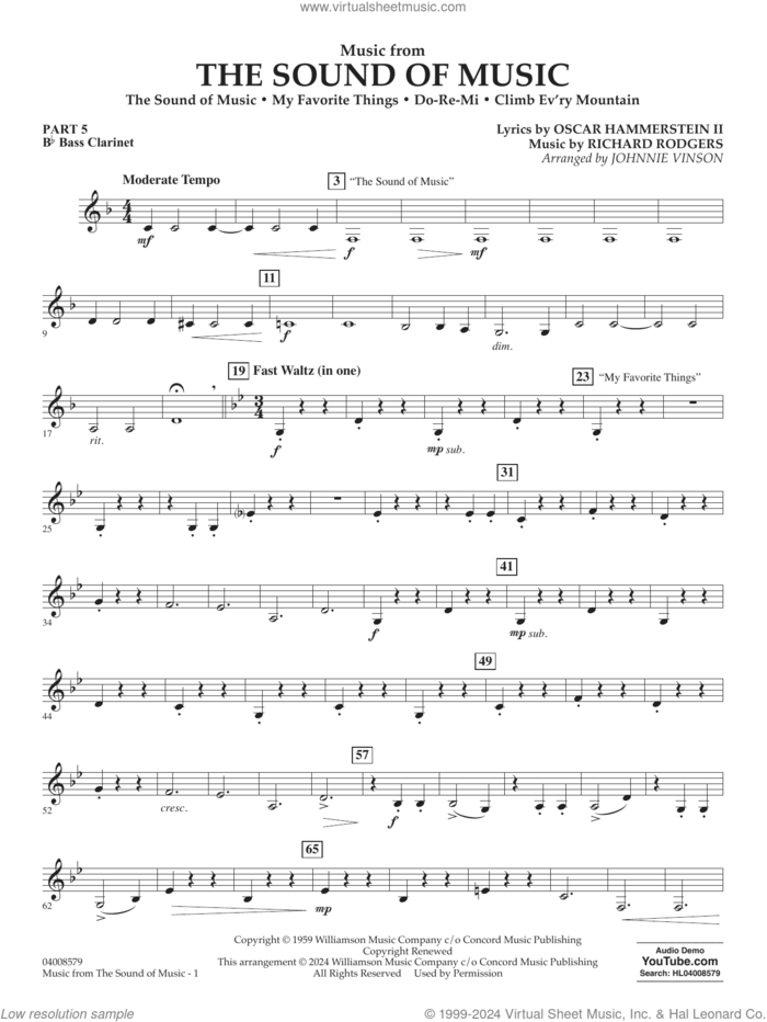 Music from The Sound Of Music (arr. Vinson) sheet music for concert band (pt.5 - Bb bass clarinet) by Richard Rodgers, Johnnie Vinson, Oscar II Hammerstein and Rodgers & Hammerstein, intermediate skill level