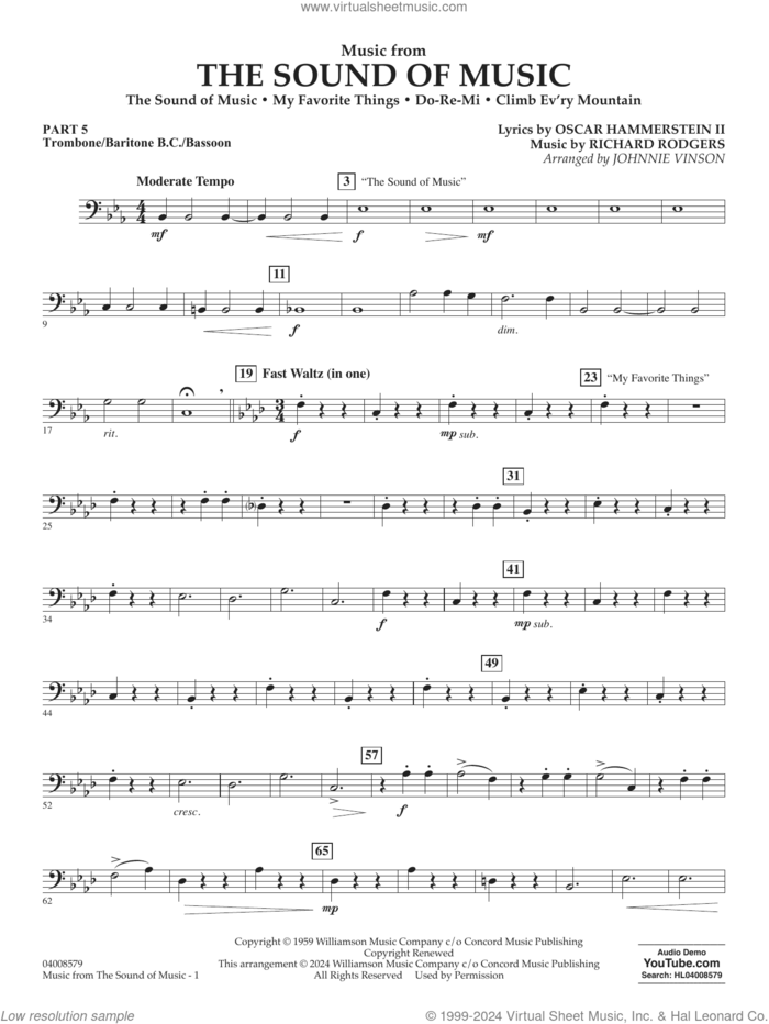 Music from The Sound Of Music (arr. Vinson) sheet music for concert band (trombone/bar. b.c./bsn.) by Richard Rodgers, Johnnie Vinson, Oscar II Hammerstein and Rodgers & Hammerstein, intermediate skill level