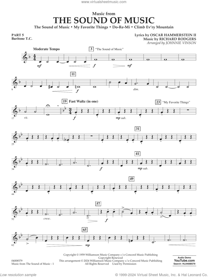 Music from The Sound Of Music (arr. Vinson) sheet music for concert band (pt.5 - baritone t.c.) by Richard Rodgers, Johnnie Vinson, Oscar II Hammerstein and Rodgers & Hammerstein, intermediate skill level