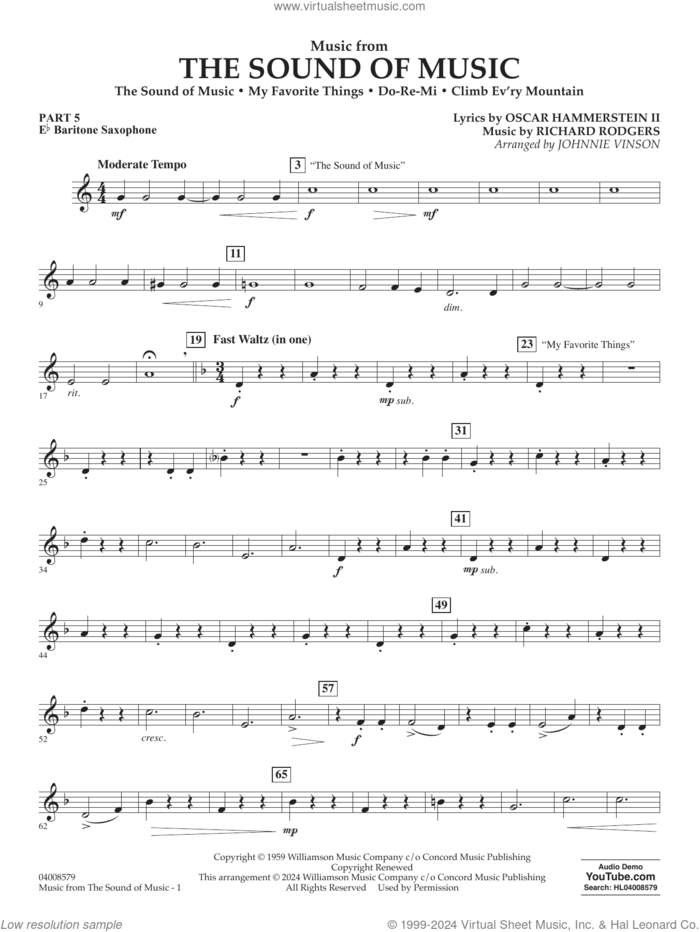 Music from The Sound Of Music (arr. Vinson) sheet music for concert band (pt.5 - Eb baritone saxophone) by Richard Rodgers, Johnnie Vinson, Oscar II Hammerstein and Rodgers & Hammerstein, intermediate skill level