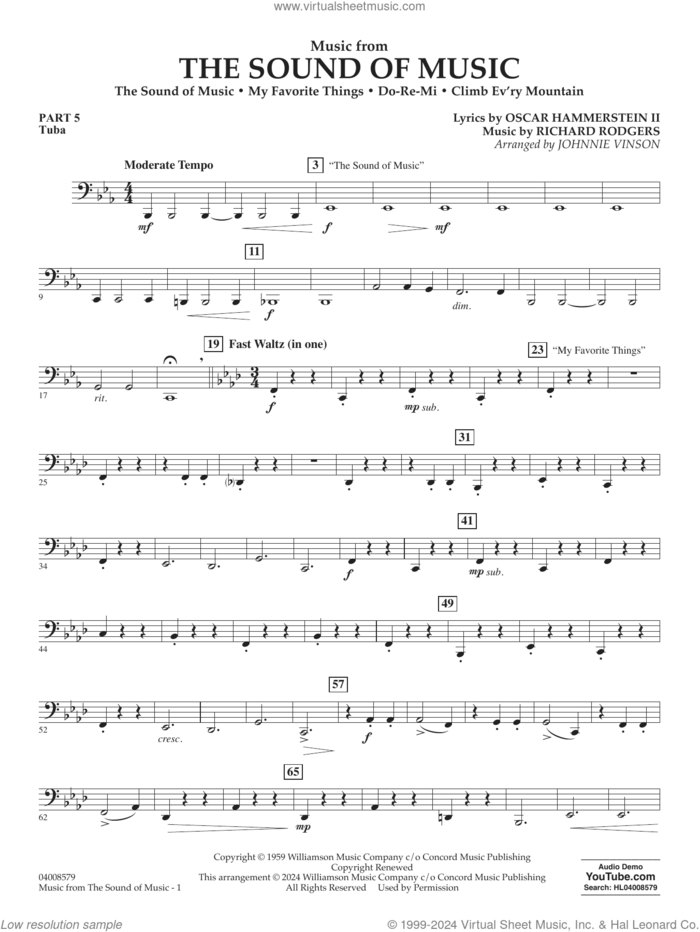 Music from The Sound Of Music (arr. Vinson) sheet music for concert band (pt.5 - tuba) by Richard Rodgers, Johnnie Vinson, Oscar II Hammerstein and Rodgers & Hammerstein, intermediate skill level
