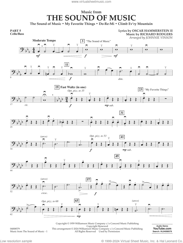 Music from The Sound Of Music (arr. Vinson) sheet music for concert band (cello/bass) by Richard Rodgers, Johnnie Vinson, Oscar II Hammerstein and Rodgers & Hammerstein, intermediate skill level