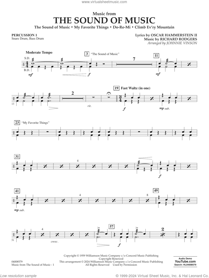 Music from The Sound Of Music (arr. Vinson) sheet music for concert band (percussion 1) by Richard Rodgers, Johnnie Vinson, Oscar II Hammerstein and Rodgers & Hammerstein, intermediate skill level