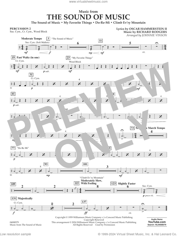 Music from The Sound Of Music (arr. Vinson) sheet music for concert band (percussion 2) by Richard Rodgers, Johnnie Vinson, Oscar II Hammerstein and Rodgers & Hammerstein, intermediate skill level