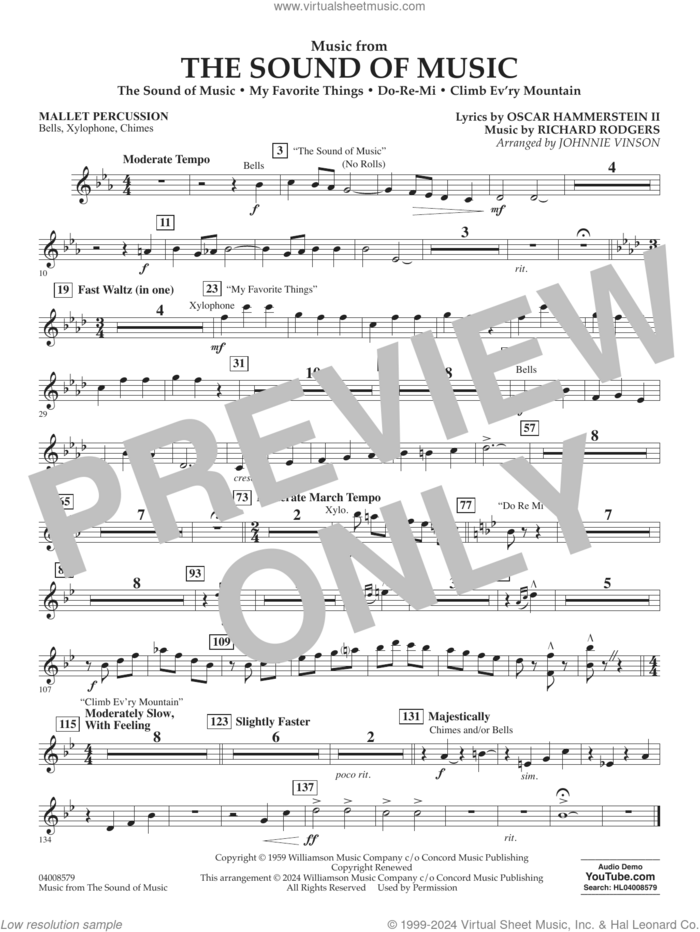 Music from The Sound Of Music (arr. Vinson) sheet music for concert band (mallet percussion) by Richard Rodgers, Johnnie Vinson, Oscar II Hammerstein and Rodgers & Hammerstein, intermediate skill level