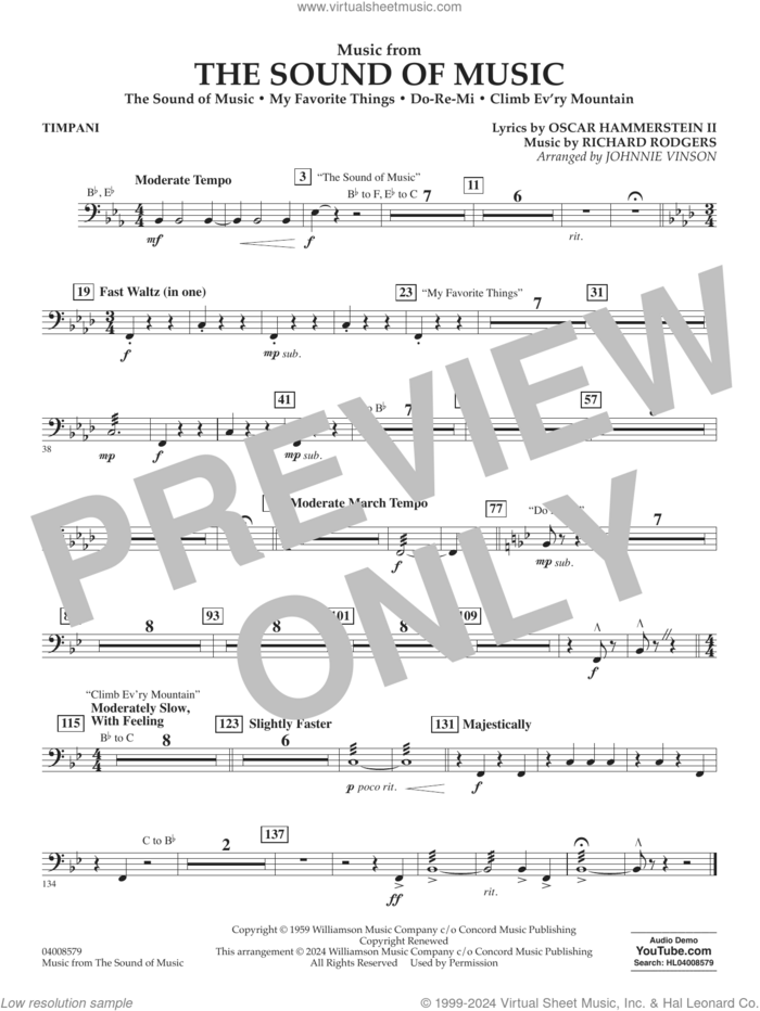 Music from The Sound Of Music (arr. Vinson) sheet music for concert band (timpani) by Richard Rodgers, Johnnie Vinson, Oscar II Hammerstein and Rodgers & Hammerstein, intermediate skill level