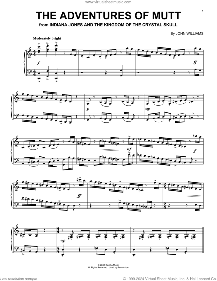 The Adventures Of Mutt (from Indiana Jones - Kingdom of the Crystal Skull) sheet music for piano solo by John Williams, intermediate skill level