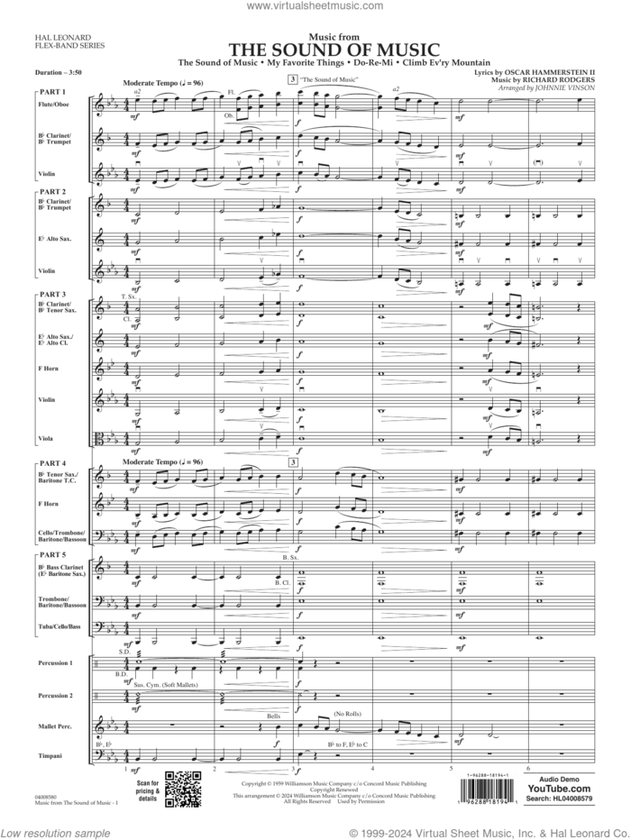 Music from The Sound Of Music (arr. Johnnie Vinson) (COMPLETE) sheet music for concert band by Rodgers & Hammerstein, Johnnie Vinson, Oscar II Hammerstein and Richard Rodgers, intermediate skill level