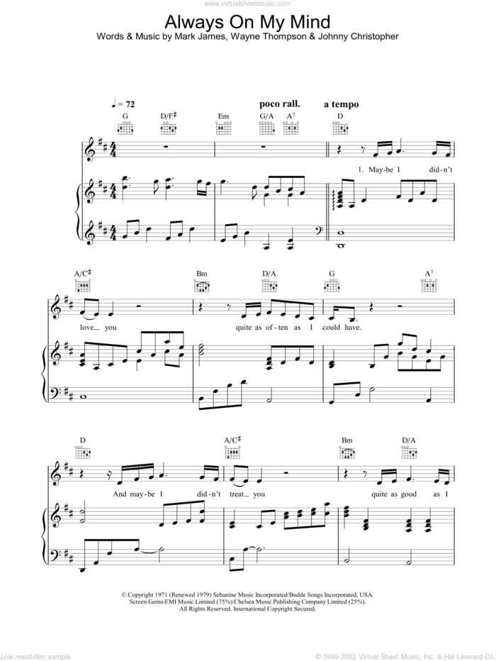 Always On My Mind sheet music for voice, piano or guitar by Willie Nelson and Elvis Presley, intermediate skill level