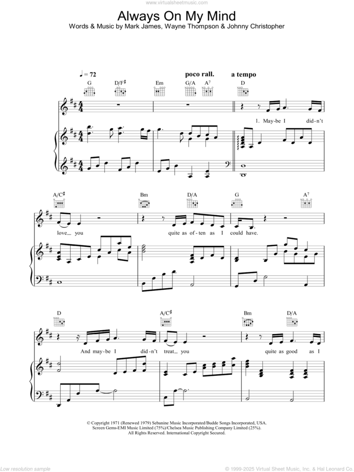 Always On My Mind sheet music for voice, piano or guitar by Willie Nelson and Elvis Presley, intermediate skill level