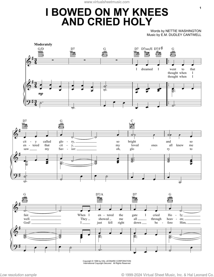 I Bowed On My Knees And Cried Holy sheet music for voice, piano or guitar by E.M. Dudley Cantwell and Nettie Dudley Washington, intermediate skill level