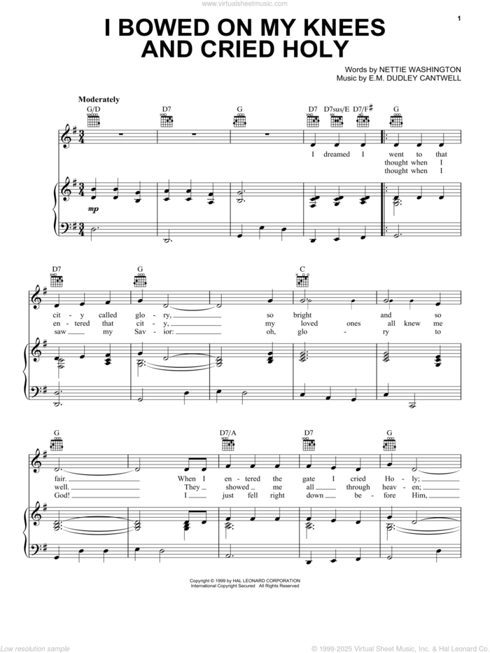 I Bowed On My Knees And Cried Holy sheet music for voice, piano or guitar by E.M. Dudley Cantwell and Nettie Dudley Washington, intermediate skill level