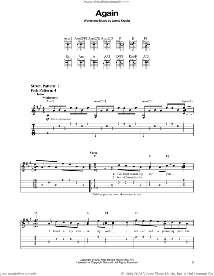 Again sheet music for guitar solo (easy tablature) by Lenny Kravitz, easy guitar (easy tablature)