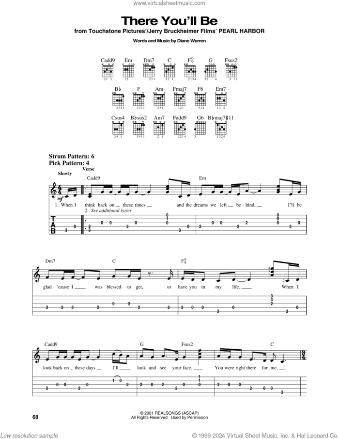 There You'll Be sheet music for guitar solo (easy tablature) by Faith Hill and Diane Warren, easy guitar (easy tablature)