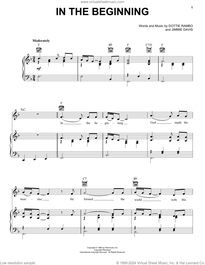 In The Beginning sheet music for voice, piano or guitar by Jimmie Davis and Dottie Rambo, intermediate skill level