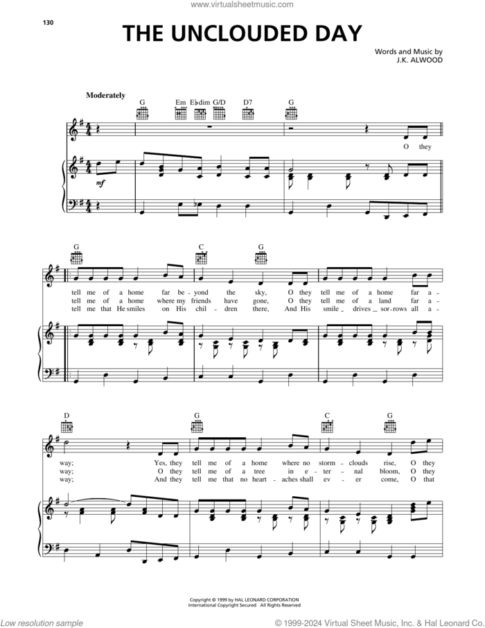The Unclouded Day sheet music for voice, piano or guitar by J.K. Alwood, intermediate skill level