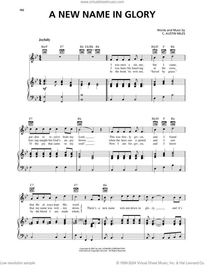 A New Name In Glory sheet music for voice, piano or guitar by C. Austin Miles, intermediate skill level