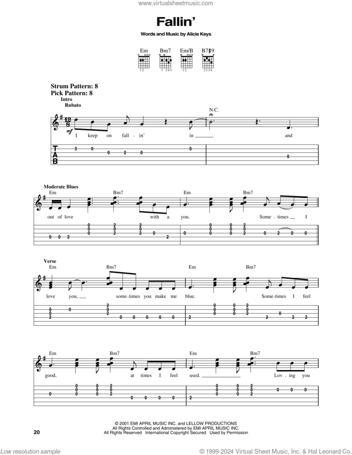 Fallin' sheet music for guitar solo (easy tablature) by Alicia Keys and Alicia J. Augello-cook, easy guitar (easy tablature)