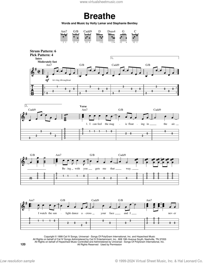 Breathe sheet music for guitar solo (easy tablature) by Faith Hill, Holly Lamar and Stephanie Bentley, easy guitar (easy tablature)