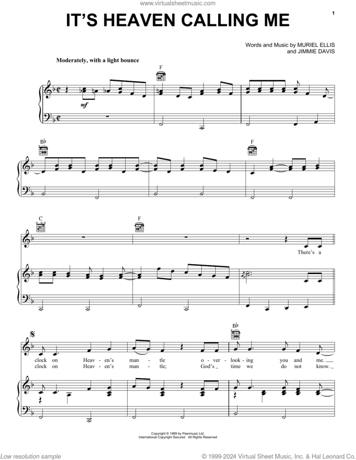It's Heaven Calling Me sheet music for voice, piano or guitar by Jimmie Davis and Muriel Ellis, intermediate skill level