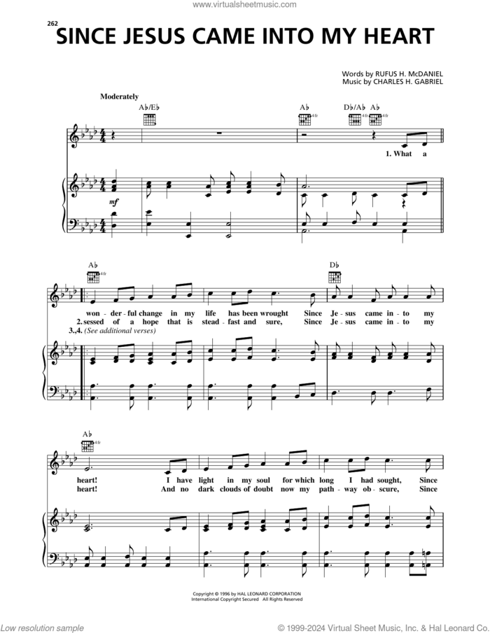 Since Jesus Came Into My Heart sheet music for voice, piano or guitar , Charles H. Gabriel and Rufus H. McDaniel, intermediate skill level