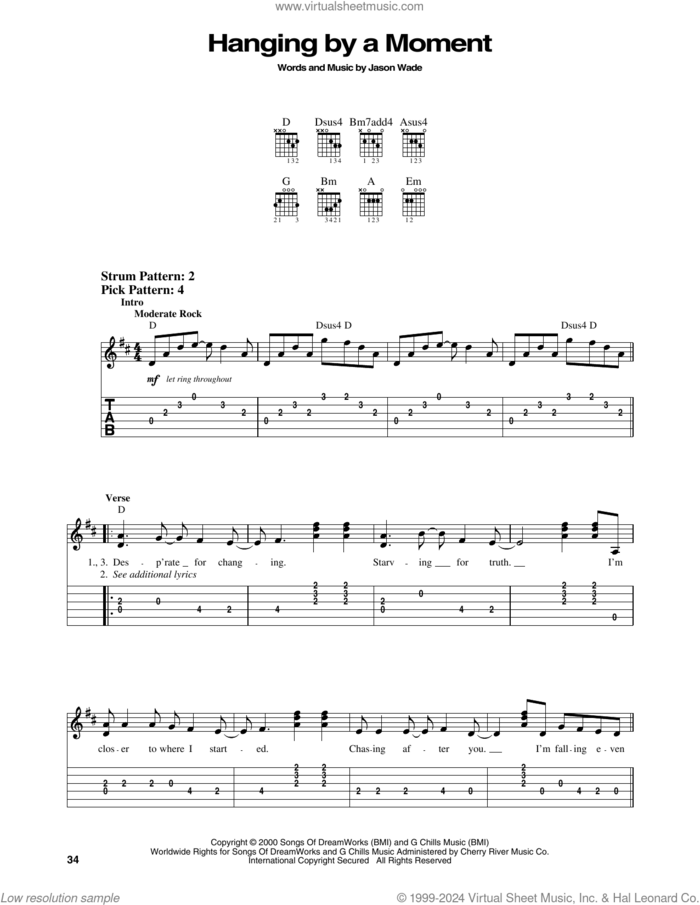 Hanging By A Moment sheet music for guitar solo (easy tablature) by Lifehouse and Jason Wade, easy guitar (easy tablature)