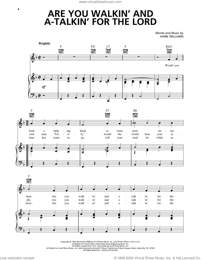 Are You Walkin' And A-Talkin' For The Lord sheet music for voice, piano or guitar by Hank Williams, intermediate skill level