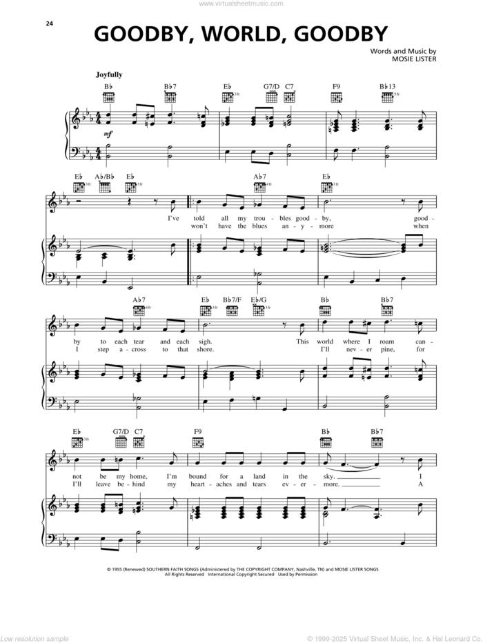 Goodbye World Goodbye sheet music for voice, piano or guitar by Mosie Lister, intermediate skill level