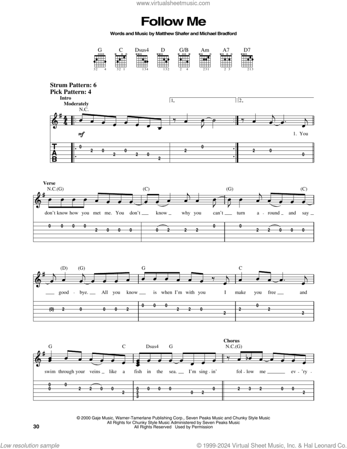 Follow Me sheet music for guitar solo (easy tablature) by Uncle Kracker, Matthew Shafer and Michael Bradford, easy guitar (easy tablature)