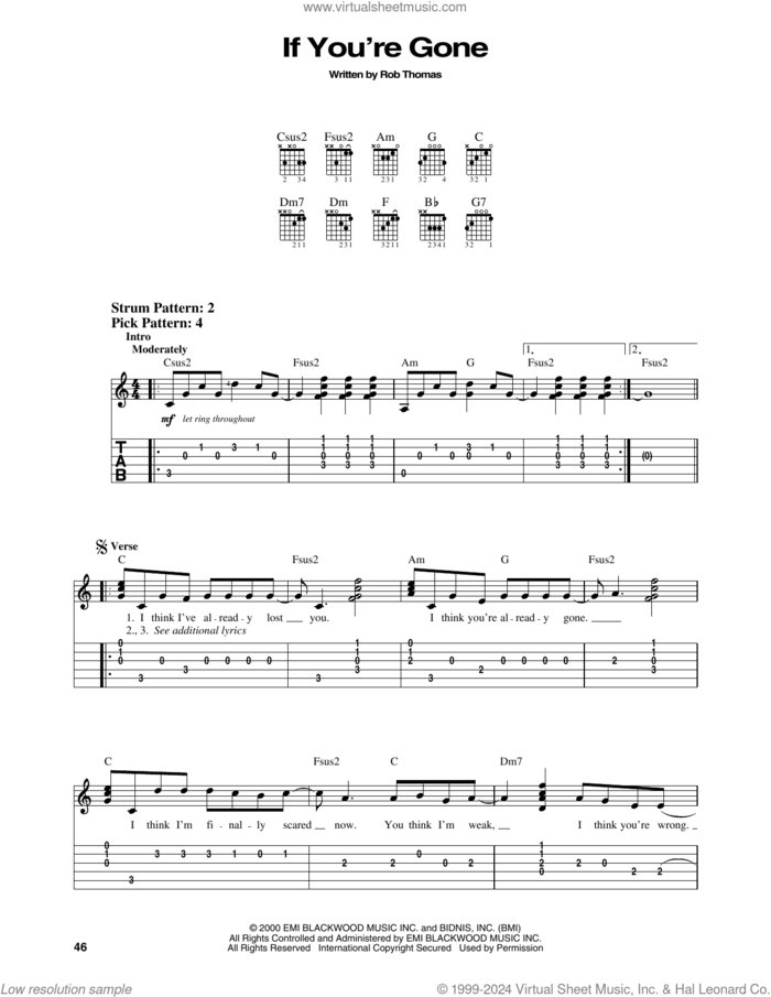 If You're Gone sheet music for guitar solo (easy tablature) by Matchbox Twenty and Rob Thomas, easy guitar (easy tablature)