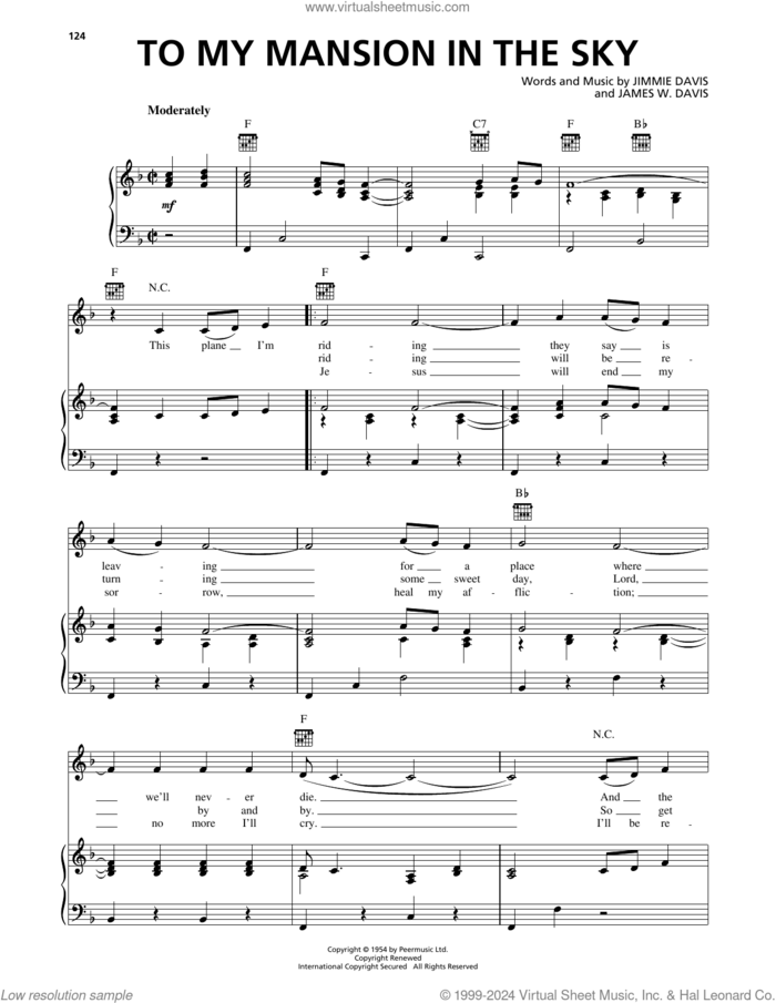 To My Mansion In The Sky sheet music for voice, piano or guitar by Jimmie Davis and James W. Davis, intermediate skill level
