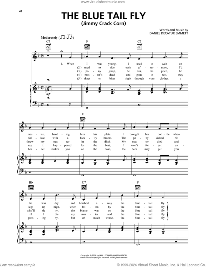 The Blue Tail Fly (Jimmy Crack Corn) sheet music for voice, piano or guitar by Daniel Decatur Emmett, intermediate skill level