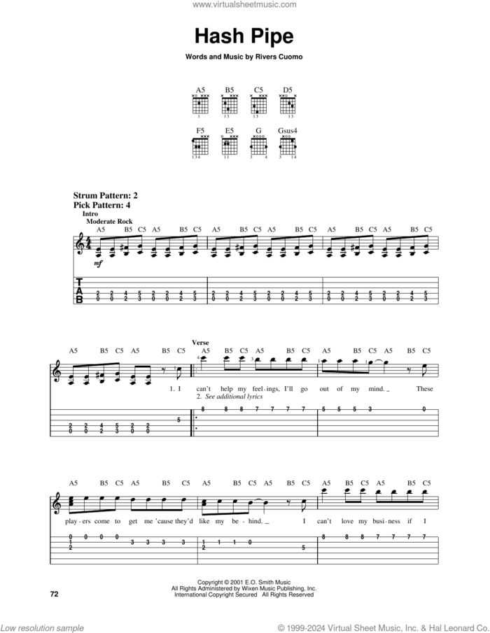 Hash Pipe sheet music for guitar solo (easy tablature) by Weezer and Rivers Cuomo, easy guitar (easy tablature)