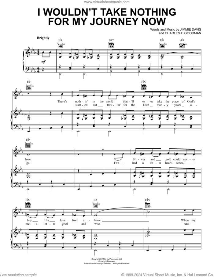 I Wouldn't Take Nothing For My Journey Now sheet music for voice, piano or guitar by Jimmie Davis and Charles F. Goodman, intermediate skill level