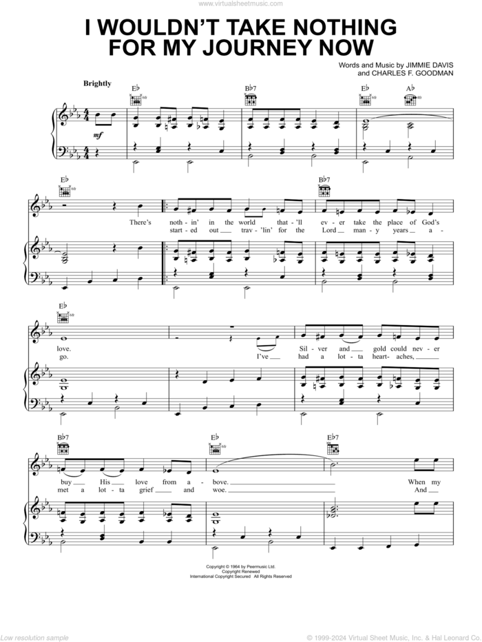 I Wouldn't Take Nothing For My Journey Now sheet music for voice, piano or guitar by Jimmie Davis and Charles F. Goodman, intermediate skill level
