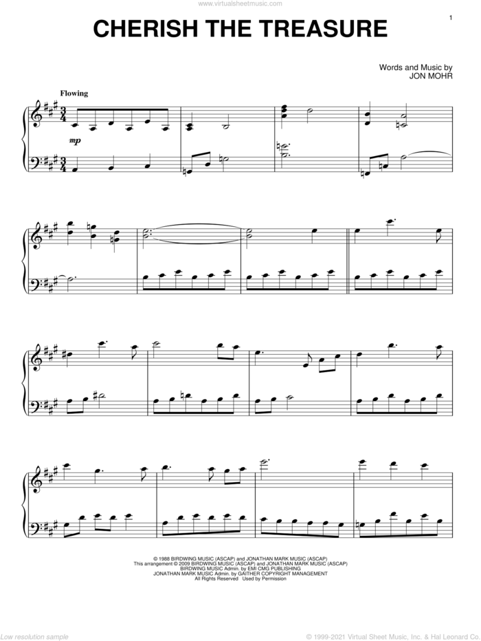 Cherish The Treasure sheet music for piano solo by Steve Green and Jon Mohr, wedding score, intermediate skill level
