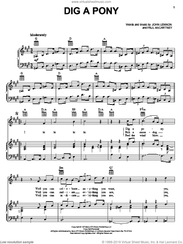 Dig A Pony sheet music for voice, piano or guitar by The Beatles, John Lennon and Paul McCartney, intermediate skill level