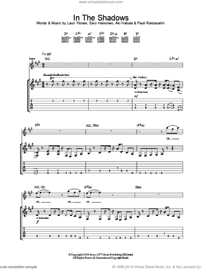In The Shadows sheet music for guitar (tablature) by The Rasmus, intermediate skill level