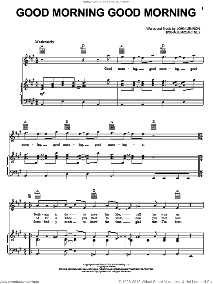 Good Morning Good Morning sheet music for voice, piano or guitar by The Beatles, John Lennon and Paul McCartney, intermediate skill level