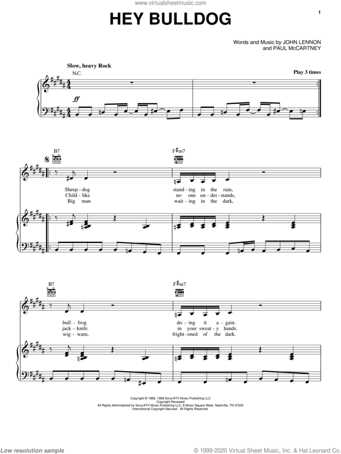Hey Bulldog sheet music for voice, piano or guitar by The Beatles, John Lennon and Paul McCartney, intermediate skill level